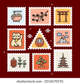 Conjunto de sellos postales de Japón con símbolos japoneses Iconos de línea delgada Concepto de viaje y turismo. Ilustración vectorial