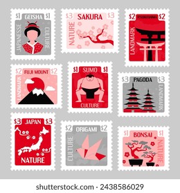 Japan postage stamp set, flat element design. Colorful decoration design with japanese culture, nature and landmark, vector illustration. Postmark with geisha, sakura, fuji mount, sumo and pagoda