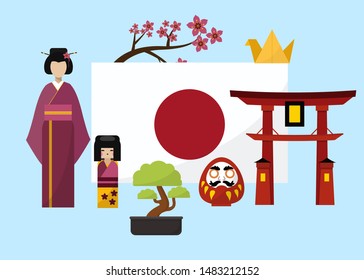 Japan poster with geisha and traditional famous elements and symbols vector illustration. Japanese gates with flag, sakura and bonsai tree, geisha with doll. Japan travel poster.