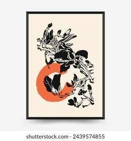 Japan posters template. Modern japanese trendy black style. Vintage flowers. 