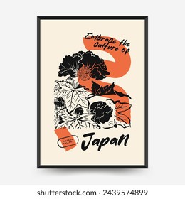 Japan posters template. Modern japanese trendy black style. Vintage flowers. 