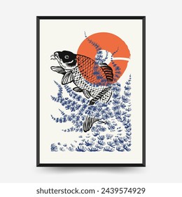 Japan posters template. Modern japanese trendy black style. Vintage flowers. 