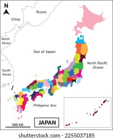 Japan prefectures vector map colored be regions with neighboring countries Sea of Japan, North Pacific Ocean, Philippine Sea, Korea, Russia, China with Okinawa Islands.