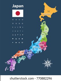 Japan prefectures vector map colored be regions. Japanese names gives in parentheses. Flag of Japan