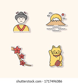 Japan printable patches. Geisha face. Sakura tree flowers. Maneki neko. Asian souvenir. Traditional japanese attributes RGB color stickers, pins and badges set. Vector isolated illustrations