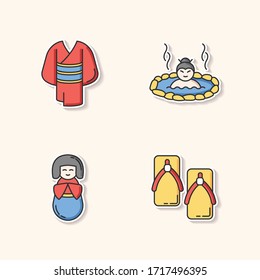 Japan printable patches. Kimono clothing. Yukata shoes. Asian hot springs. Kokeshi doll. Traditional japanese attributes RGB color stickers, pins and badges set. Vector isolated illustrations