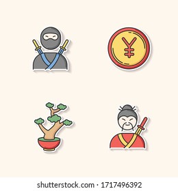 Japan printable patches. Ninja warrior. Yen coin. Bonsai tree in pot. Samurai, asian martial arts. Traditional japanese symbols RGB color stickers, pins and badges set. Vector isolated illustrations