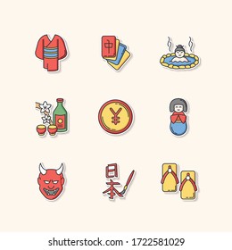 Japan printable patches. Yukata, kimono. Mahjong game. Hot springs. Sake, rice wine. Yen coin. Traditional japanese attributes RGB color stickers, pins and badges set. Vector isolated illustrations