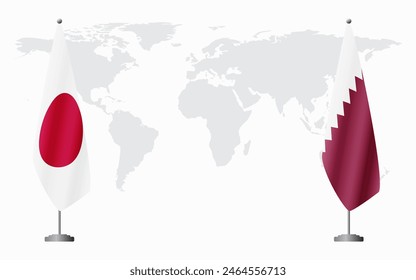 Japan and Qatar flags for official meeting against background of world map.