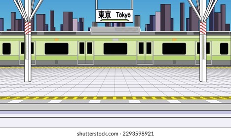 Japan railway or train Tokyo station platform with green color passenger car train background with building in the city drawing in colorful cartoon vector