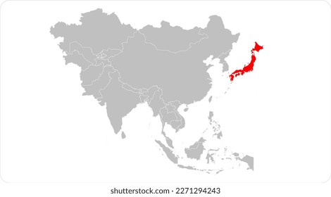 Japan red highlighted in full map of ASIA, flat design illustration vector