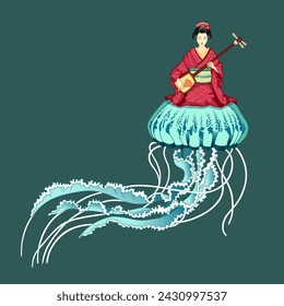 japan Red kimono geisha sit on the blue jellyfish and plaing samisen illustration  green background