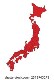 Japan red map with border of regions outline vector