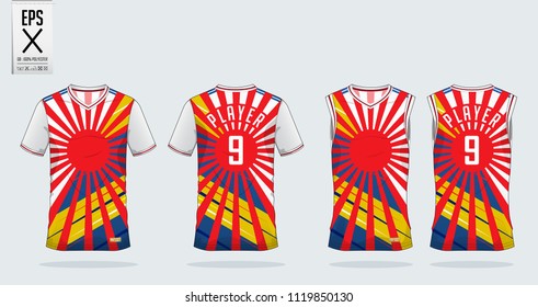 Japan Red Sunrise and Color stripe t-shirt sport design template for soccer jersey, football kit and tank top for basketball jersey. Sport uniform in front and back view. Tshirt mock up for sport club