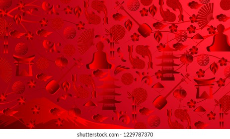 Japan red wallpaper. World of Japan pattern with modern and traditional japanise culture symbols.