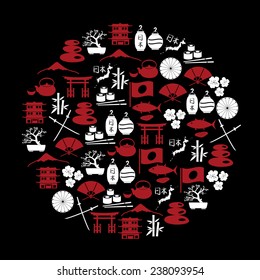 Japan red and white icons in circle with symbols for "Land of the Rising Sun" in Japanese