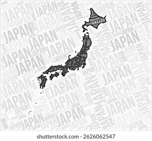 Japan regions map word cloud. Japan region names. Black and white map design. Trending vector illustration.