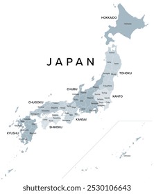 Japón, regiones y prefecturas, mapa político gris. Ocho regiones de Japón, divididas en 47 prefecturas, que son las divisiones administrativas de primer nivel del estado unitario. Ilustración aislada.