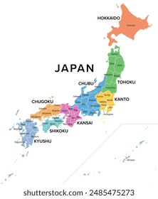 Japón, regiones y prefecturas, mapa político multicolor. Las ocho regiones de Japón, divididas en 47 prefecturas, que son las divisiones administrativas de primer nivel del estado unitario. Vector