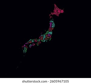 Japan regions word clouds. Bright neon style design on dark background. Region names of the country in Japanese language. Country shape with administrative division. Trending vector illustration.