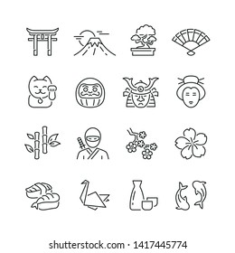 Japan related icons: thin vector icon set, black and white kit