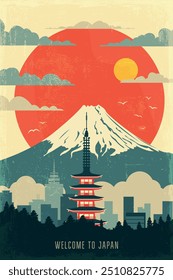Japan retro poster with abstract shapes of temple, mount, volcano. Asian vintage travel vector illustration, postcard