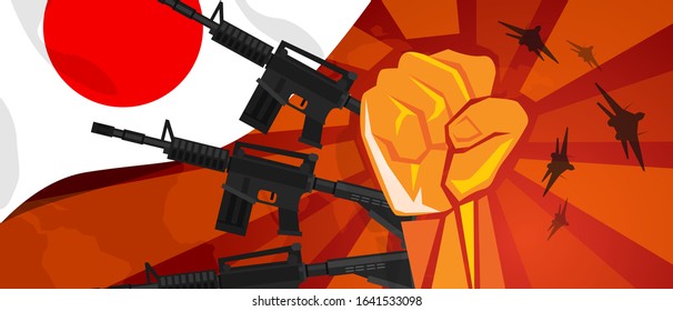 Japan Retro style of war propaganda hand fist strike with arm plane and flag. Vintage red symbol of aggression and rebellion 