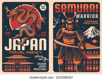 Japan retro travel posters with Japanese landmarks, culture and traditions,. Tours to Fuji mount and Torii gate, Buddhism pagoda with sakura, samurai warrior and dragon