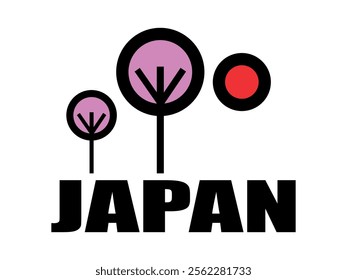 Japan, rising red sun symbol,  sakura tree in bloom. Logo, concept, label, poster, print. Tourism and traveling. Country, national. Culture. Nature. Cartoon vector illustration.  Design, business. 