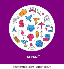 Japan round banner with traditional symbols and text. Japanese culture concept. Vector illustration.