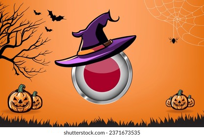 japan round flag with Happy Halloween banner or party invitation background. bats, spiders and pumpkins, orange background