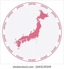 Japan round logo design. Country shape built of rings. Japan text around the country. Vector Illustration.