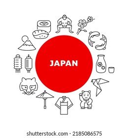 Japan round poster with traditional symbols and text. Japanese culture concept. Vector illustration.