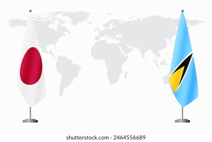 Japan and Saint Lucia flags for official meeting against background of world map.