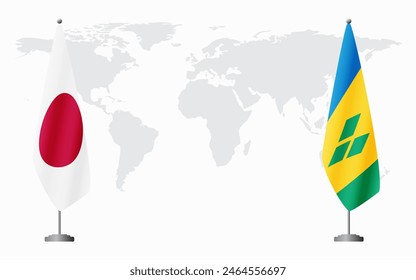 Banderas de Japón y San Vicente y las Granadinas para reunión oficial contra fondo de mapa mundial.