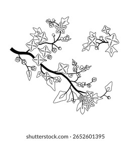 Flores de sakura do Japão, flores de cerejeira, um bordado tradicional japonês. Padrão de bordado do ramo da flor de cerejeira, modelo de bordado de mão e página de coloração, Design de arte de arco floral moderno