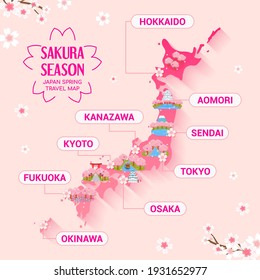 Japan Sakura Saison Reiseplan Vektorgrafik. Kirschblütenfest Reise Attraktion.