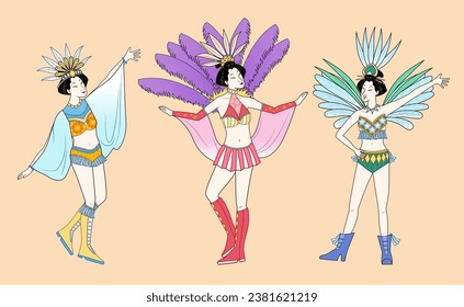 Japan samba carnival dancer in elaborate costumes set isolated on light beige background.