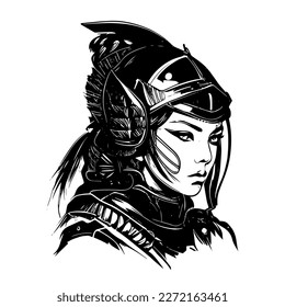 Japan samurai girl logo black and white hand drawn illustration