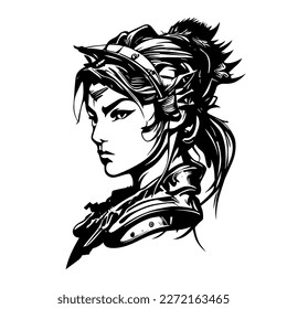 Japan samurai girl logo black and white hand drawn illustration