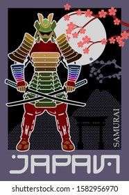 Japan samurai poster design, postage stamp, sticker, banner. Japanese martial art