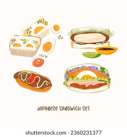 Japan Sandwiches vector set. Katsu sando, tomago sando, wanpaku sandwich, jakisoba pan with vegetable. Asian food illustration isolated on white background