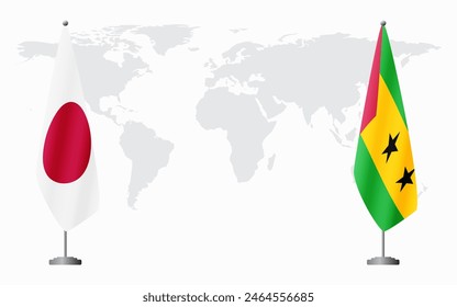 Japan and Sao Tome and Principe flags for official meeting against background of world map.