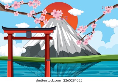 Japan scene with Fuji mountain and Torii gate background illustration