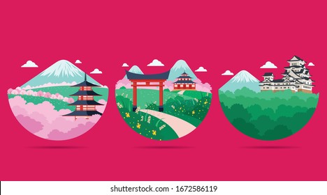 Japan scenery with Mountain Fuji , Castle and Temple illustration