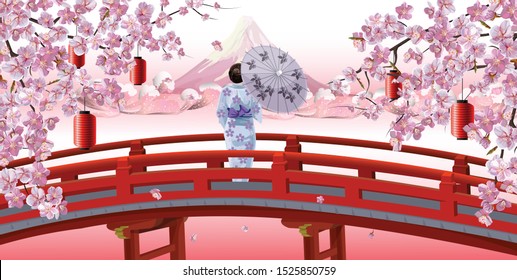 Japan scenery, Woman in kimono dress with umbrella standing on the bridge with Sakura cherry blossom branch on the river and fuji mountain background