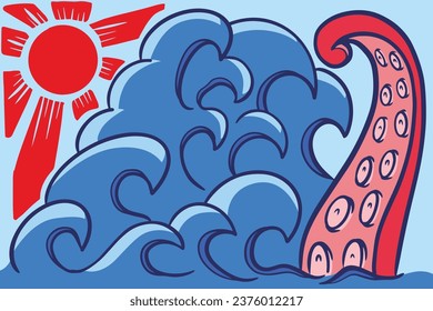 japan sea and kraken retro vector design. Vector Graphic Illustration