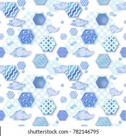 Japan seamless pattern, brochure template or background in trendy oriental style, blue chinese eastern ornament, trendy vector fashion invitation, geometric shapes