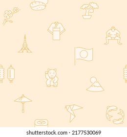 Japan seamless pattern in line style. Japanese culture traditional symbols. Repeatable background. Vector illustration.