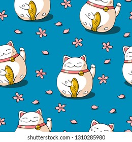 Japan seamless pattern on blue background. Hand drawn vector image in doodle style. Japan talisman of luck. Kawaii Maneki-neko cat cartoon character.